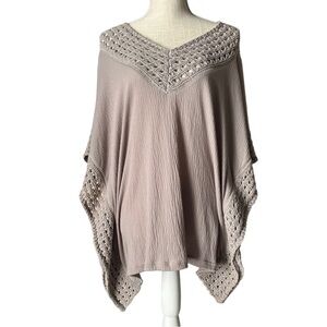 Knox Rose Beige Rose Gold Embroidered Knit V-Neck Blouse Poncho Women’s Medium